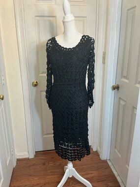 INC Black Crochet Lace Shimmer Dress Long Sleeve Cocktail Midi